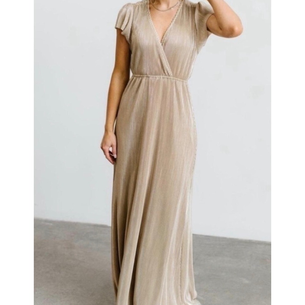 Baltic Born Maxi Dress Womens Large Champagne Pleated V-Neck Flutter Sleeve Gala